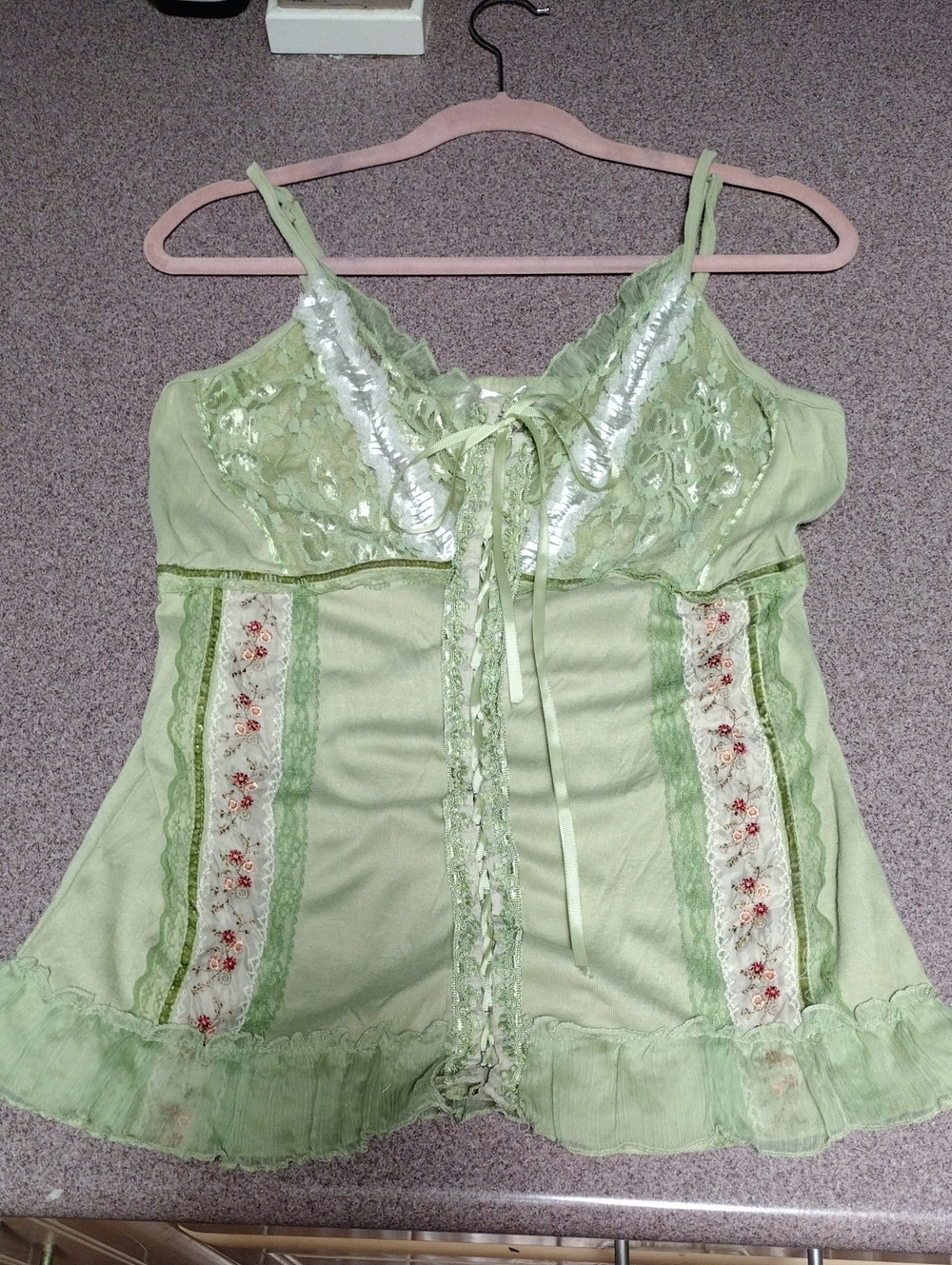 Vtg Pretty Angel Sage Green Fairycore Corset Lace Up Tank Top